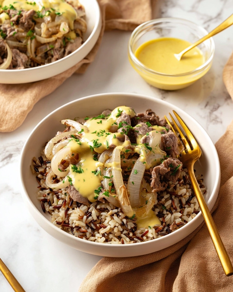 The image shows a white bowl filled with three layers: the bottom layer is a mix of wild rice with a mix of light brown, dark brown, and beige grains; the middle layer is cooked meat in thin, brownish-gray slices; and the top layer includes light, translucent sautéed onions and drizzled yellow creamy sauce, garnished with chopped green herbs. There is a golden fork placed inside the bowl on the right side. Behind, there is another white bowl with the same food and a small clear glass bowl with the same yellow sauce and a gold spoon above it, all set on a white marbled surface with a light brown cloth nearby. Photo taken with an iphone --ar 4:5 --v 7