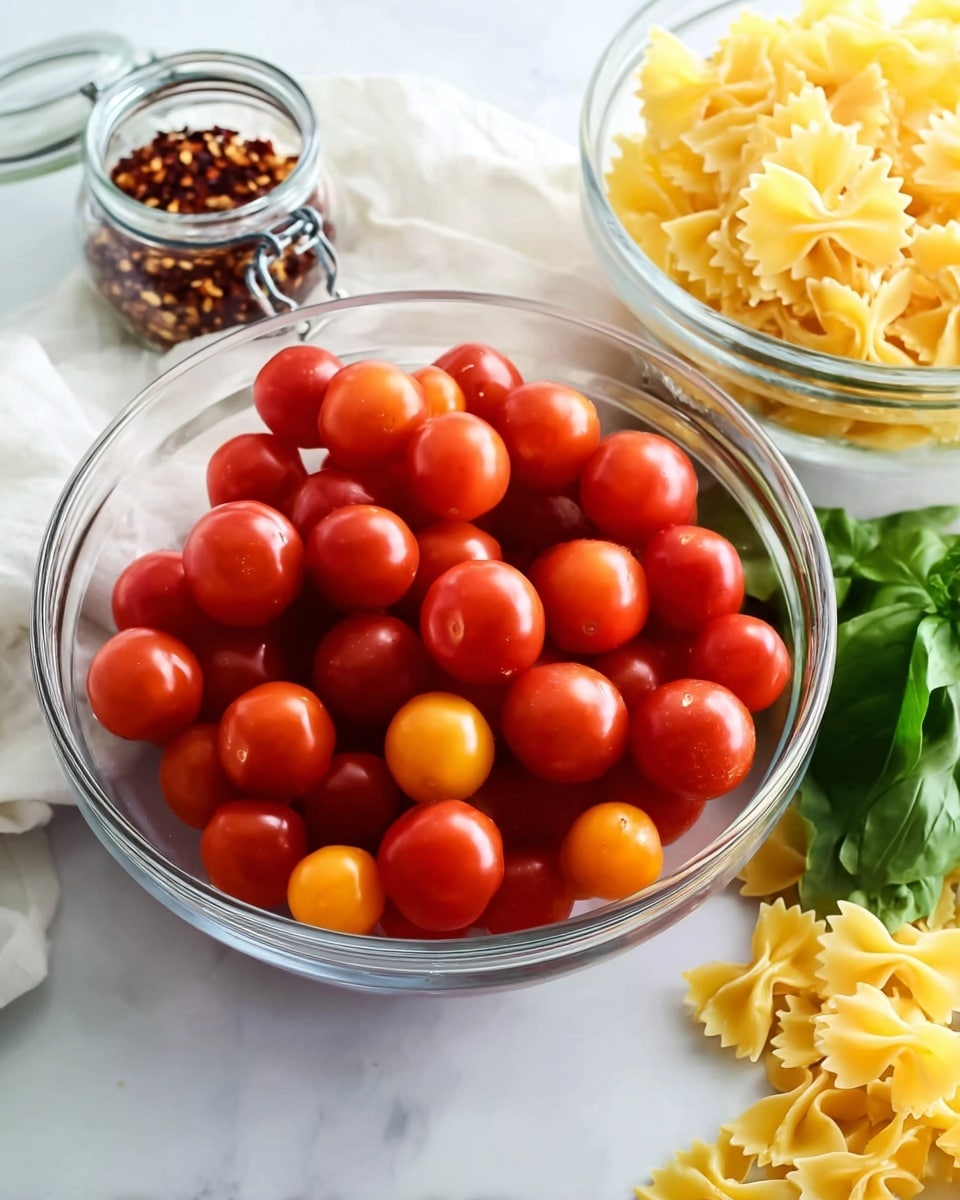 A clear glass bowl is filled with many small red and orange cherry tomatoes, showing smooth, round shapes with shiny surfaces. Behind it to the right, there is another clear glass bowl that holds several yellow farfalle pasta pieces, each with a ridged texture and a bow-tie shape. In the top left corner, a small clear glass jar with a metal clasp is filled with dark red chili flakes and sits on a white cloth with soft folds. Fresh green basil leaves with smooth textures are partially visible at the bottom right corner. All items are set on a white marbled surface. Photo taken with an iphone --ar 4:5 --v 7