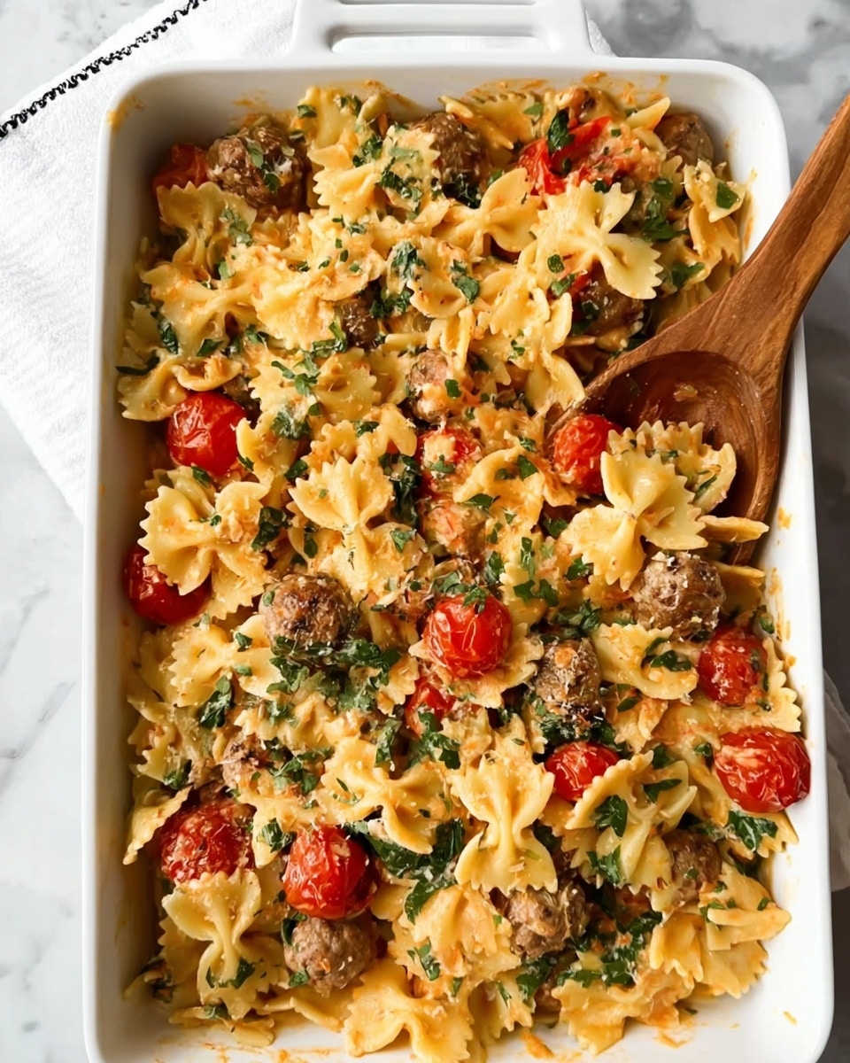 A white rectangular baking dish filled with a layered pasta dish featuring bow-tie shaped pasta mixed with small meatballs and halved cherry tomatoes. The pasta is coated in a creamy, light orange sauce, with green leafy herbs scattered throughout. Small brown pieces of meatballs are evenly mixed with the pasta and tomatoes, creating visual texture. A wooden spoon rests on the right side of the dish, partially submerged in the pasta. The dish sits on a white marbled surface with a white cloth having minimal black lines partially visible in the top left corner. photo taken with an iphone --ar 4:5 --v 7
