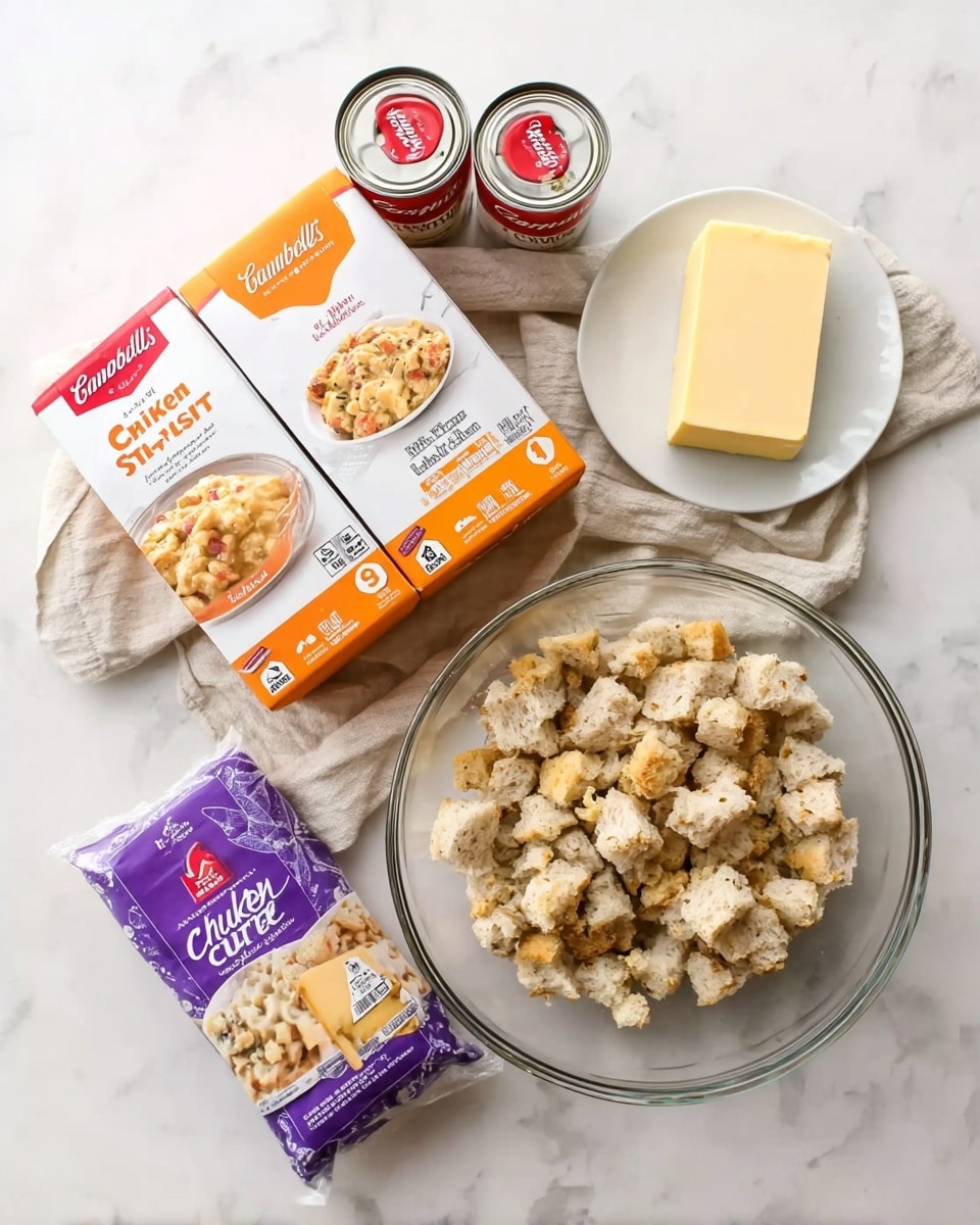 The image shows ingredients for a chicken stuffing dish arranged on a white marbled surface. At the center right is a clear glass bowl filled with rough chunks of bread stuffing mix in light beige color with textured and uneven pieces. Above the bowl is a light yellow stick of butter in wrapper marked as 4 oz. To the left of the bowl, two white boxes of stuffing mix with orange accents and images of stuffing on the front sit next to two cans of red and white Campbell’s Cream of Chicken soup. Below them is a purple and white wrapped block of Swiss cheese. Beige cloth napkins are partially visible under some ingredients. photo taken with an iphone --ar 4:5 --v 7