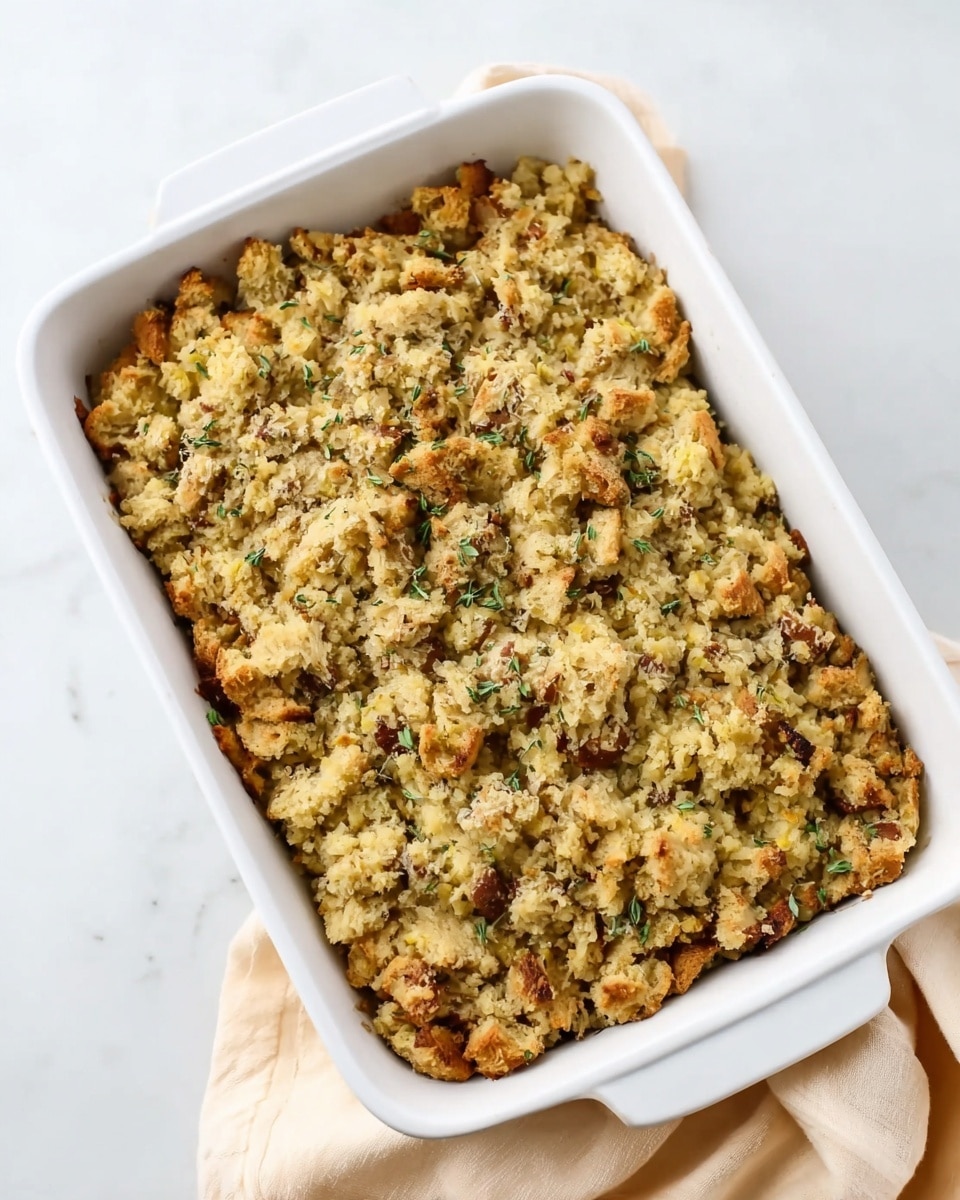 A white rectangular baking dish filled with two visible layers; the bottom layer is pale and smooth, likely soft cooked rice, while the top layer is uneven and chunky with a golden-brown color showing bits of herbs and small bread-like pieces, suggesting a baked stuffing mix. The baking dish rests on a white marbled surface with a soft cream-colored cloth partly under it. Photo taken with an iphone --ar 4:5 --v 7