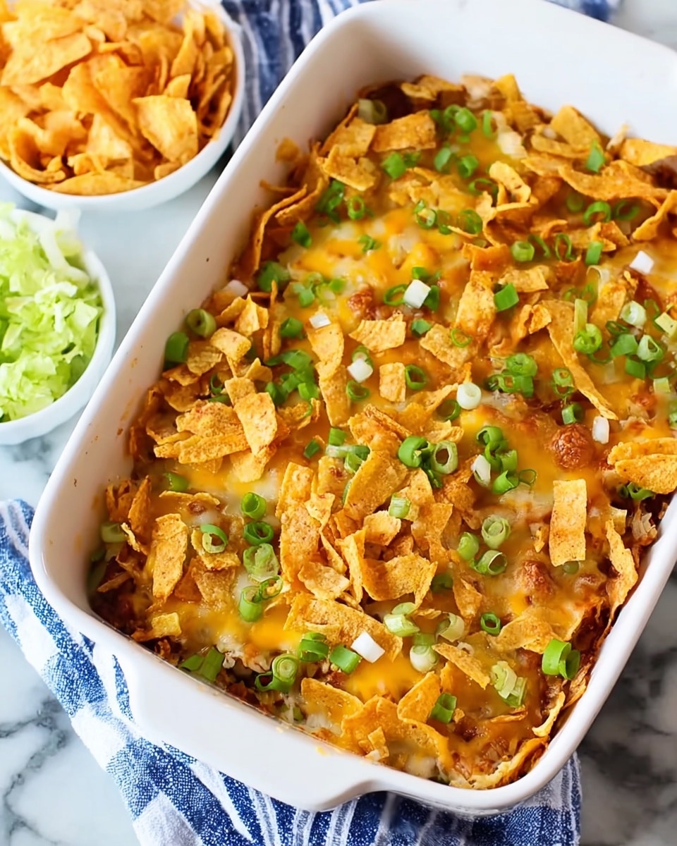A white baking dish filled with a layered casserole topped with melted cheddar and mozzarella cheese, crispy golden corn chip strips, and chopped green onions scattered on top. The dish sits on a white marbled surface next to a white bowl of more corn chip strips and another white bowl with shredded lettuce. A blue and white striped cloth is partially visible under the dish. The cheese appears bubbly and slightly browned in spots, with crunchy corn chips adding texture, and fresh green onions providing color contrast photo taken with an iphone --ar 4:5 --v 7