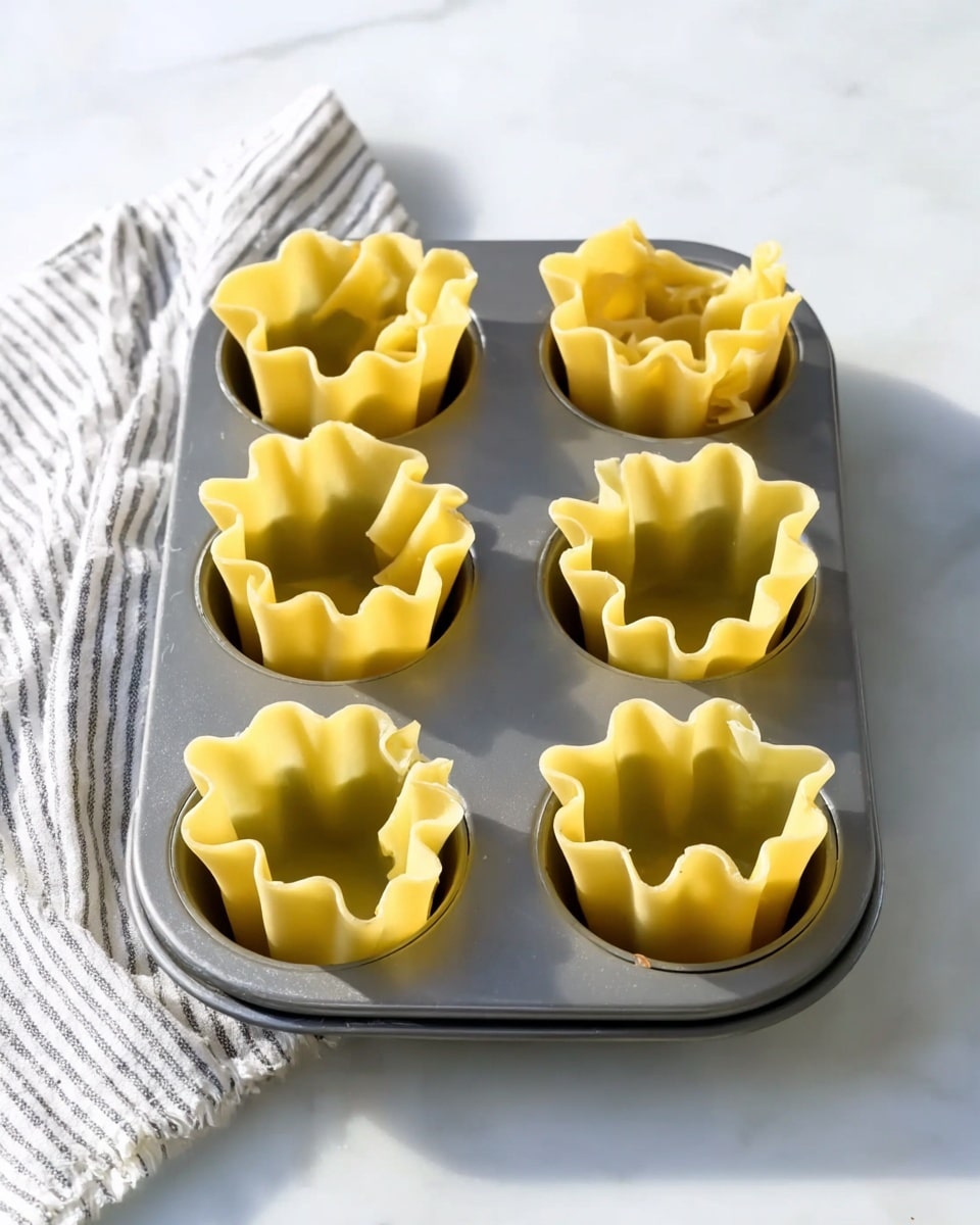 A gray metal muffin tray holds six yellow lasagna noodle cups, each shaped into a tall, round cup with wavy edges curling outward. The noodles are standing vertically inside each muffin cup space. The tray rests on a white marbled surface, with a folded white cloth featuring gray stripes placed diagonally to the left. The light is soft and natural, highlighting the smooth texture and fresh look of the pasta. Photo taken with an iphone --ar 4:5 --v 7