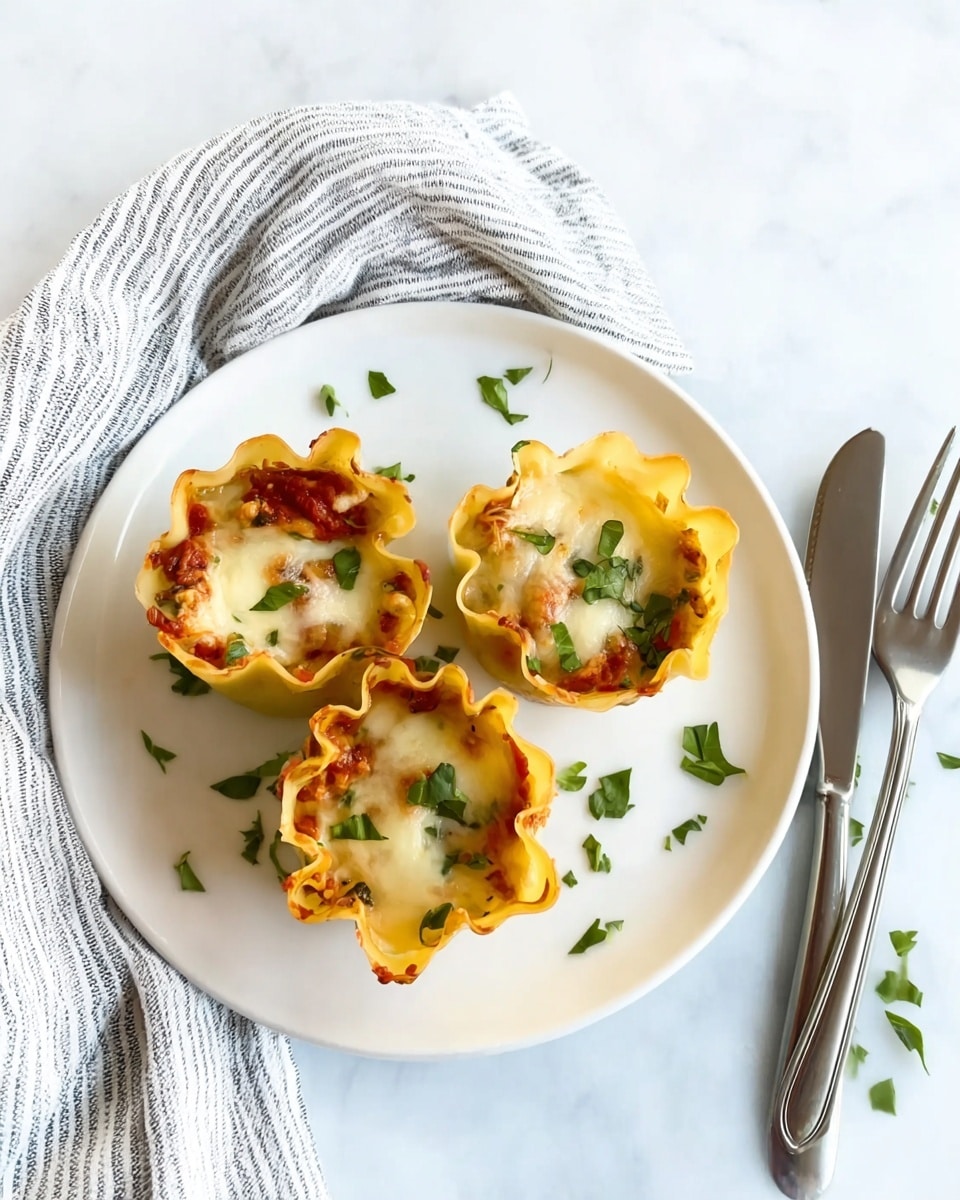 The image shows three tall, round pasta cups on a white plate, each with wavy edges and a baked golden-yellow color. Inside the pasta cups, there is a layer of melted white cheese, slightly browned on top, mixed with a bit of red sauce and small green herb pieces sprinkled on the surface. The three pasta cups are arranged close together on the plate, with a few scattered green herbs around them. The plate sits on a white marbled surface, next to a silver fork and knife on the right side. A white cloth with gray stripes is draped loosely around the plate. Photo taken with an iphone --ar 4:5 --v 7