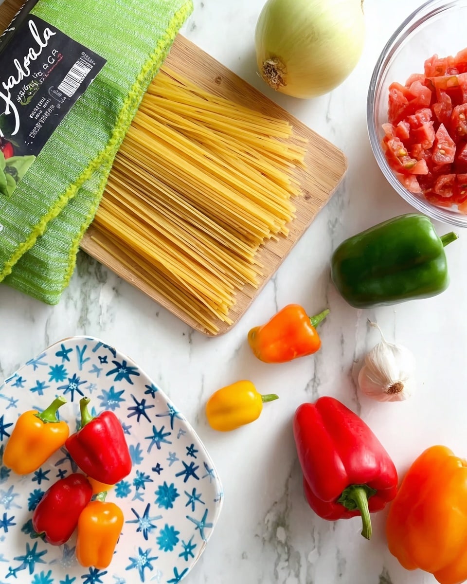The image shows a flat lay of pasta ingredients on a white marbled surface. In the top left, there is a green-edged cloth with two packs of Garofalo spaghetti noodles placed on it, the noodles are light yellow and long. To the right of the noodles, there is a peeled yellow onion and a glass bowl filled with diced red tomatoes. Scattered across the bottom and right side are small colorful mini sweet peppers in red, orange, and yellow. Near the center, there is a white plate with blue star-like patterns, holding two small red peppers, a clove of garlic, and a green bell pepper. The arrangement is clean and bright, with fresh colors and simple textures. photo taken with an iphone --ar 4:5 --v 7