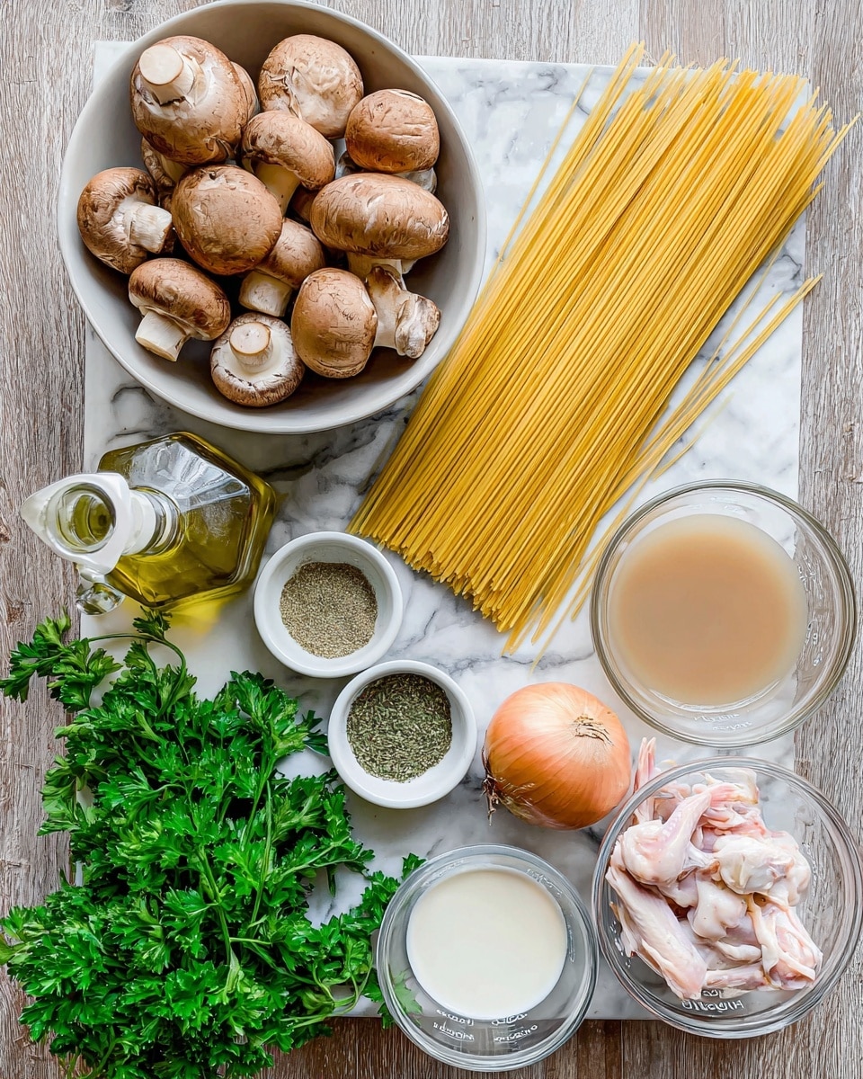 The image shows several layers of cooking ingredients arranged neatly on a white marbled surface. On the top left, there is a white bowl full of whole brown mushrooms with smooth caps. Below the mushrooms, a bundle of uncooked spaghetti pasta sticks lies flat, displaying a mix of light yellow and beige tones. To the bottom left, a bunch of curly green parsley presents fresh, leafy texture. Next to the parsley and pasta, there are two small white containers filled with green and white spices, and a glass bottle of clear olive oil with a white cap. On the right side of the image, two clear glass measuring cups show liquid ingredients: one with light brown broth, and the other one with white creamy liquid. Near these cups, a single onion with orange and yellow shades rests beside a white bowl holding several raw frog legs, pale pink with a smooth texture. A three-clove garlic bulb sits between the pasta and onion. photo taken with an iphone --ar 4:5 --v 7
