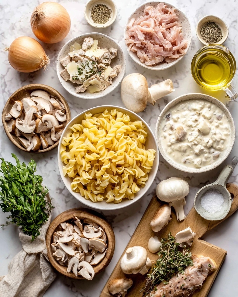 The image shows a top view of various ingredients arranged on a white marbled surface. In the center, there is a white bowl filled with cooked yellow pasta. Surrounding it, there are smaller white bowls and a wooden bowl holding different foods: small pieces of light brown cooked meat, creamy white sauce, sliced mushrooms, and chopped herbs. Also visible are whole onions, a glass jar of olive oil, pepper, and salt in small bowls. There is a wooden cutting board with more bits of meat and a woman's hand holding a small bunch of herbs near the bottom. The colors are natural and warm, highlighting the fresh ingredients. photo taken with an iphone --ar 4:5 --v 7