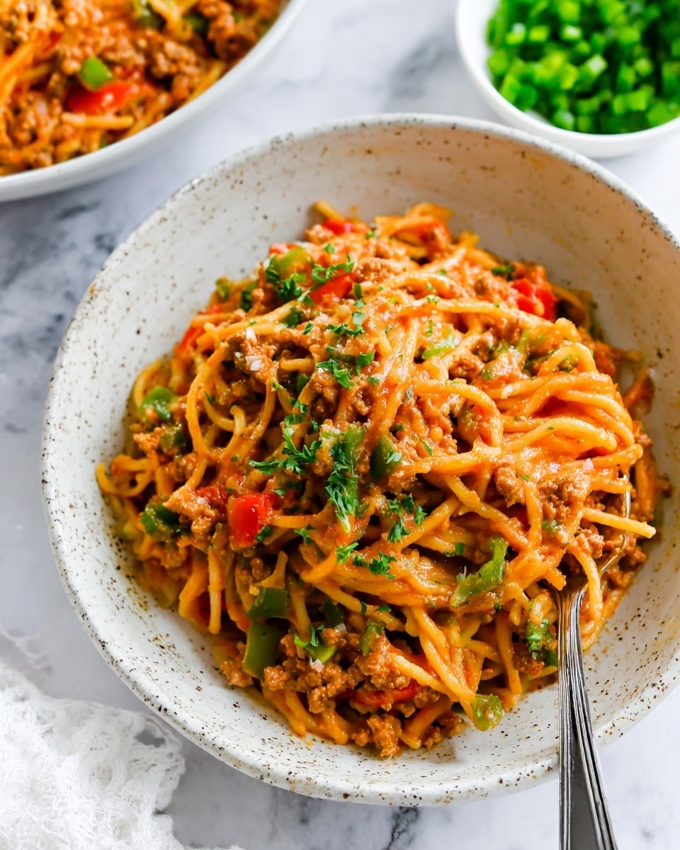 A white speckled bowl filled with creamy spaghetti mixed with pieces of ground meat, small chunks of red and green peppers, and bright green herbs sprinkled on top. The spaghetti is coated in a thick orange-red sauce that looks rich and smooth. A large spoon is inside the bowl on the right side, partially covered by the noodles. In the background, there is another white speckled bowl with more of the same dish and a small white bowl filled with chopped green peppers. All dishes are placed on a white marbled surface. photo taken with an iphone --ar 4:5 --v 7