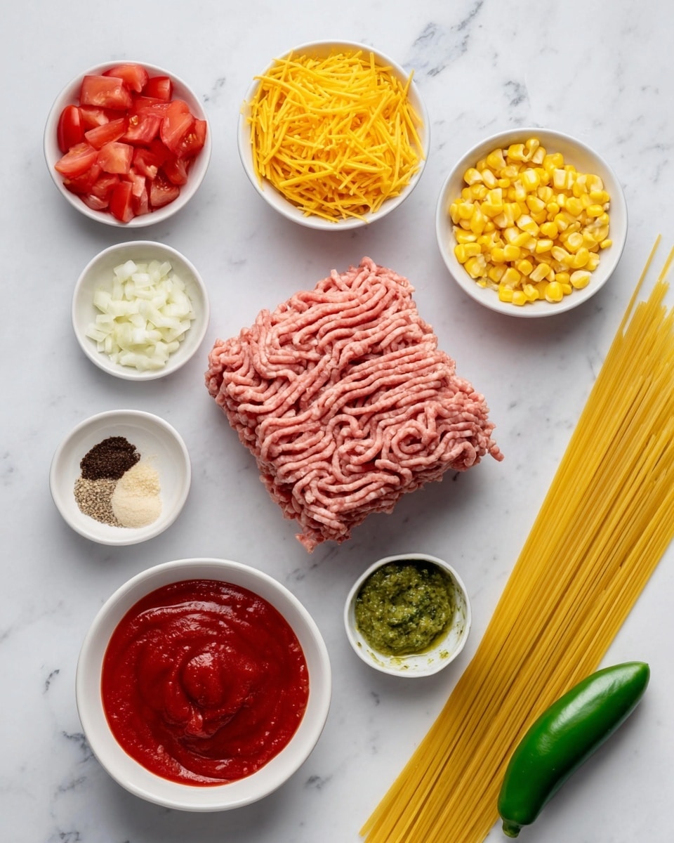 The image shows several ingredients placed on a white marbled surface. At the center, there is a square block of raw ground meat that is light pink in color. Surrounding it, there are small white bowls holding various items: one with bright yellow shredded cheese, another with small yellow corn kernels, one with finely chopped white onion, one with dark brown seasonings, and one with a green paste, likely pesto. There is a small white bowl with bright red chopped tomatoes, and next to it, some long uncooked yellow spaghetti strands lie flat. There is also a small white bowl filled with thick red sauce, and a fresh green chili pepper at the bottom right corner. Photo taken with an iphone --ar 4:5 --v 7