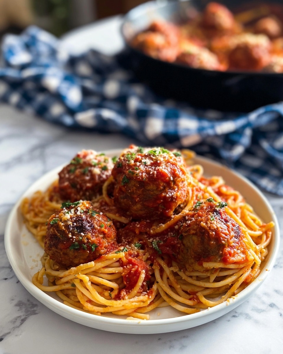 A white plate holds a serving of spaghetti with three large meatballs placed around the pasta. The spaghetti is coated lightly in red tomato sauce with some sprinkled cheese on top, along with small bits of green herbs. The meatballs have a rough texture and are covered in the same red sauce. In the background, there is a black pan with more spaghetti and meatballs on a blue and white checkered cloth, all set on a white marbled surface. photo taken with an iphone --ar 4:5 --v 7
