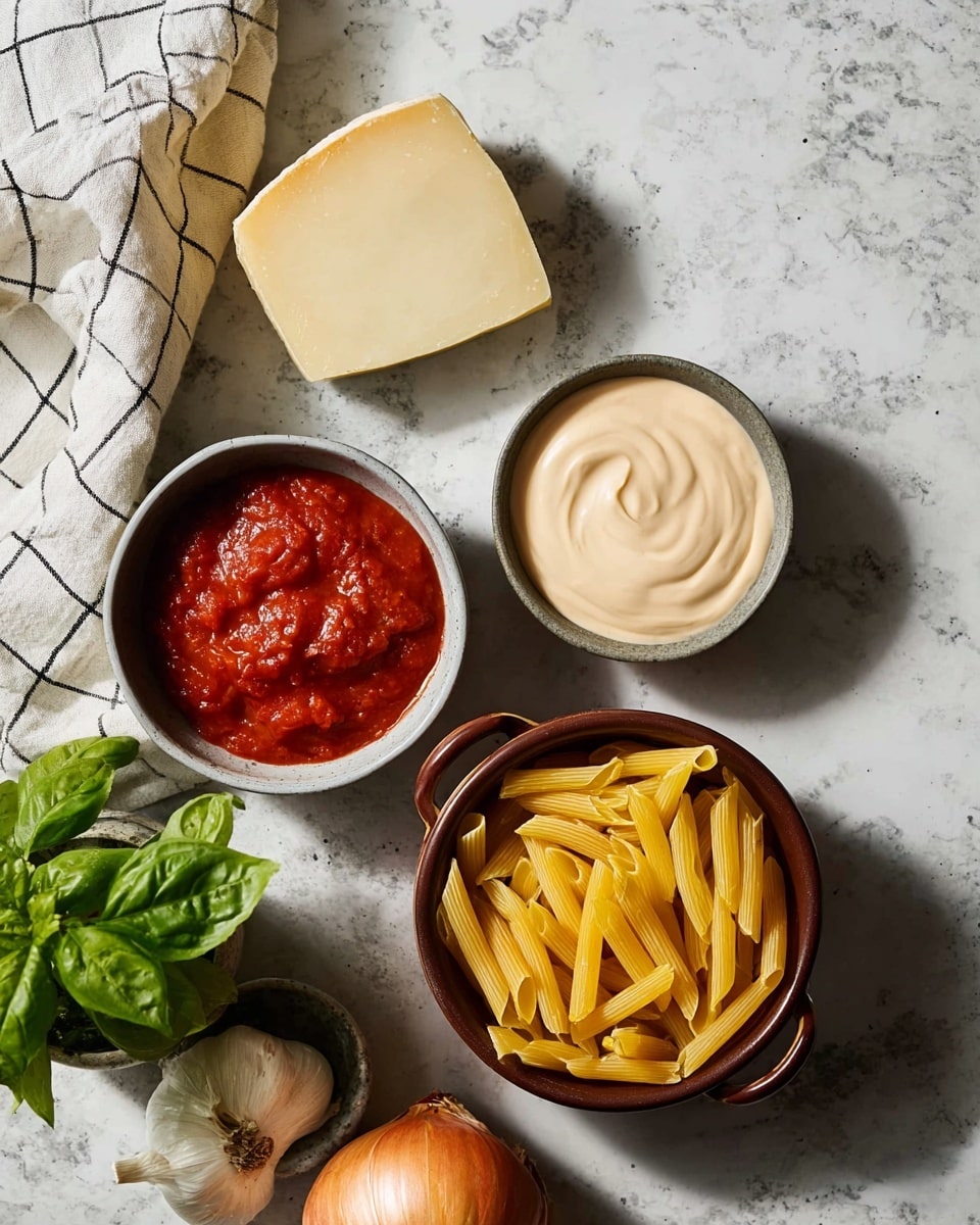 Two gray bowls sit on a white marbled surface; one bowl is filled with thick bright red tomato sauce with chunks, and the other holds smooth light beige cream sauce with a soft swirl in the middle. Nearby, a small white plate has a large wedge of hard, pale yellow cheese. A brown ceramic bowl with handles is filled with dry, uncooked yellow penne pasta. Fresh green basil leaves in a small gray cup and a whole yellow onion next to a garlic bulb rest on a white cloth with a black grid pattern. The scene is lit with soft natural light. photo taken with an iphone --ar 4:5 --v 7