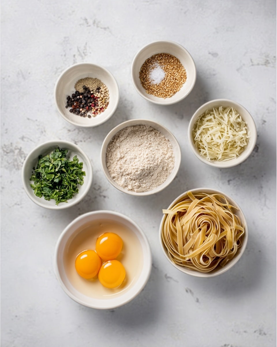 The image shows seven small white bowls placed on a white marbled surface. Each bowl holds different ingredients: one with cracked black pepper and salt, one with light brown powder, one with mixed seeds and spices, one with white flour powder, one with chopped green herbs, one with shredded light beige noodle-like pieces, and one with uncooked flat light brown noodles. In the center near the bottom, there is a white bowl with three whole raw eggs, yolks clearly visible in bright orange. The setup looks clean and organized, ready for cooking. Photo taken with an iphone --ar 4:5 --v 7