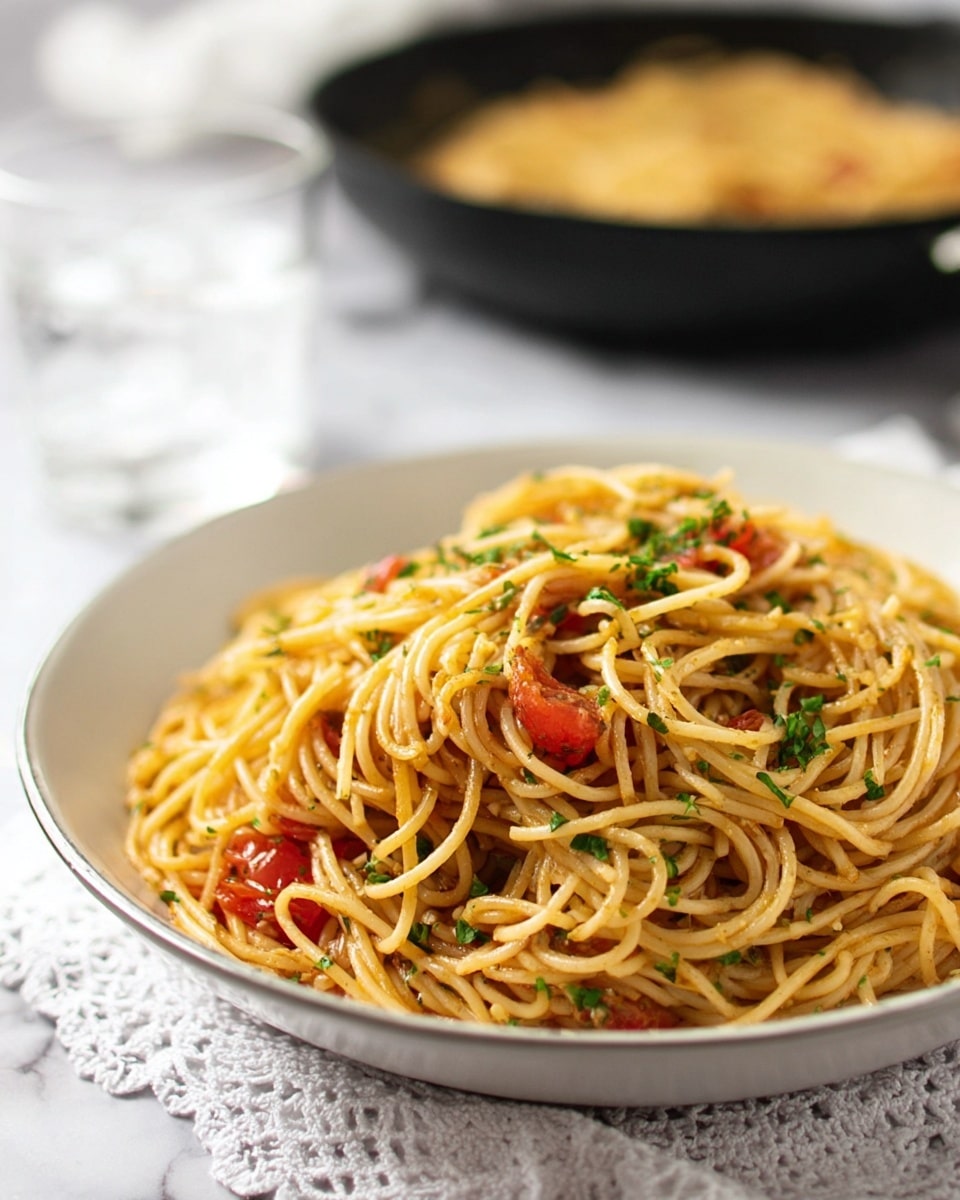 A large white bowl sits on a white marbled surface with a delicate white lace cloth beneath it; inside the bowl is a plate filled with cooked spaghetti noodles mixed with small pieces of red tomatoes and finely chopped green herbs scattered on top. The noodles look slightly shiny, showing a light sauce coating, and the herbs add a fresh green color contrast against the light golden spaghetti strands. In the background, there is a glass of water and a black pan with more spaghetti, both softly blurred. Photo taken with an iphone --ar 4:5 --v 7