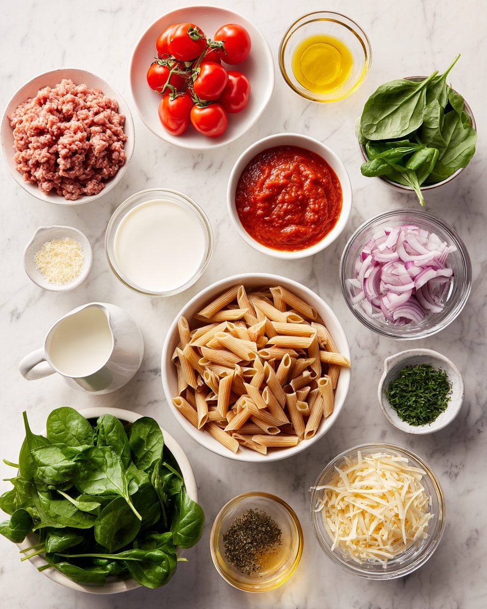 The image shows a top view of several cooking ingredients placed neatly on a white marbled surface. There is one large white bowl with a golden rim holding a mound of pink minced meat on the right side. Next to it, a pile of long, yellow uncooked spaghetti is tied with a white string. Above the spaghetti, a small glass container holds a light yellow liquid, likely oil. A round white bowl filled with smooth and textured bright red tomato sauce is top left. Near the center, three small gray bowls contain finely chopped white garlic, light brown breadcrumbs, and pale grated cheese. A single white egg is placed close to the minced meat. On the bottom left, a small wooden board holds fresh green parsley and a small bowl of coarse salt mixed with black pepper. The whole scene is softly lit with natural light. Photo taken with an iphone --ar 4:5 --v 7