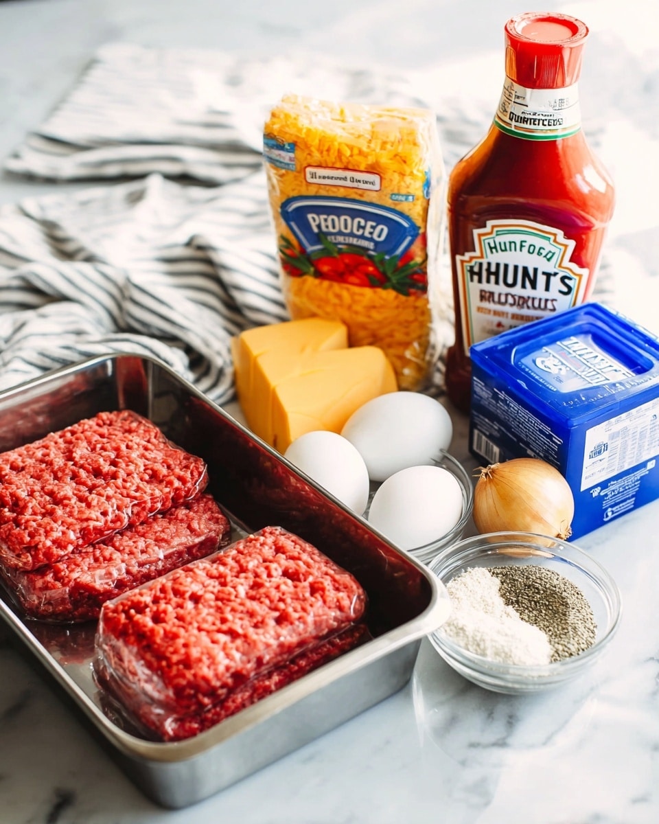 The image shows ingredients for a dish on a white marbled surface, with a rectangular silver baking pan on the left. In front of the pan, there are two packages of ground meat stacked, both showing raw red meat. Next to the meat, there is a block of sharp cheddar cheese in a colorful wrapper standing upright. Beside the cheese, there is a tall blue container of plain bread crumbs. In the front right side, there is a clear small bowl with white and greenish-gray spices, two white eggs, and a yellow onion. Behind these ingredients, a large red bottle of Hunt's tomato ketchup stands upright. There is a white cloth with thin black stripes laying casually behind the ketchup. Photo taken with an iphone --ar 4:5 --v 7