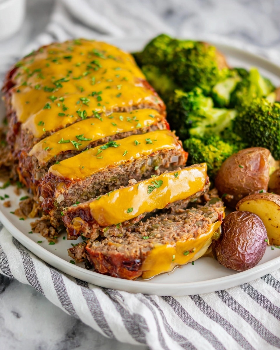 A white plate holds a sliced meatloaf with six thick layers covered in melted yellow cheese sprinkled with green herbs. The meatloaf is mostly brown with visible small pieces of onion inside. Surrounding the meatloaf are bright green steamed broccoli and round roasted potatoes in shades of golden brown to deep brown. The plate sits on a white marbled surface with a light striped cloth nearby. Photo taken with an iphone --ar 4:5 --v 7