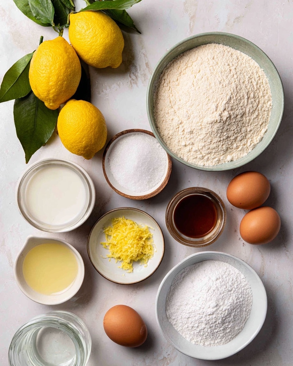 The image shows several ingredients arranged on a white marbled surface. On the upper right side, there is a bowl filled with a light beige powder, likely flour. Below it are three brown eggs placed in a line. Near the bottom left, there is a small bowl containing a pale yellow liquid, probably melted butter or lemon curd. Next to it is a small bowl with yellow grated zest, likely lemon peel. Above that, a small white bowl holds a white granulated substance, possibly sugar, and next to it is a bowl with white powder, likely baking powder and baking soda. Also visible are two clear glass containers, one with a white liquid and the other with a brown liquid, possibly milk and vanilla extract. In the upper left corner, three whole bright yellow lemons with attached green leaves sit partially in frame. The overall feel is clean and organized, emphasizing fresh baking ingredients. photo taken with an iphone --ar 4:5 --v 7