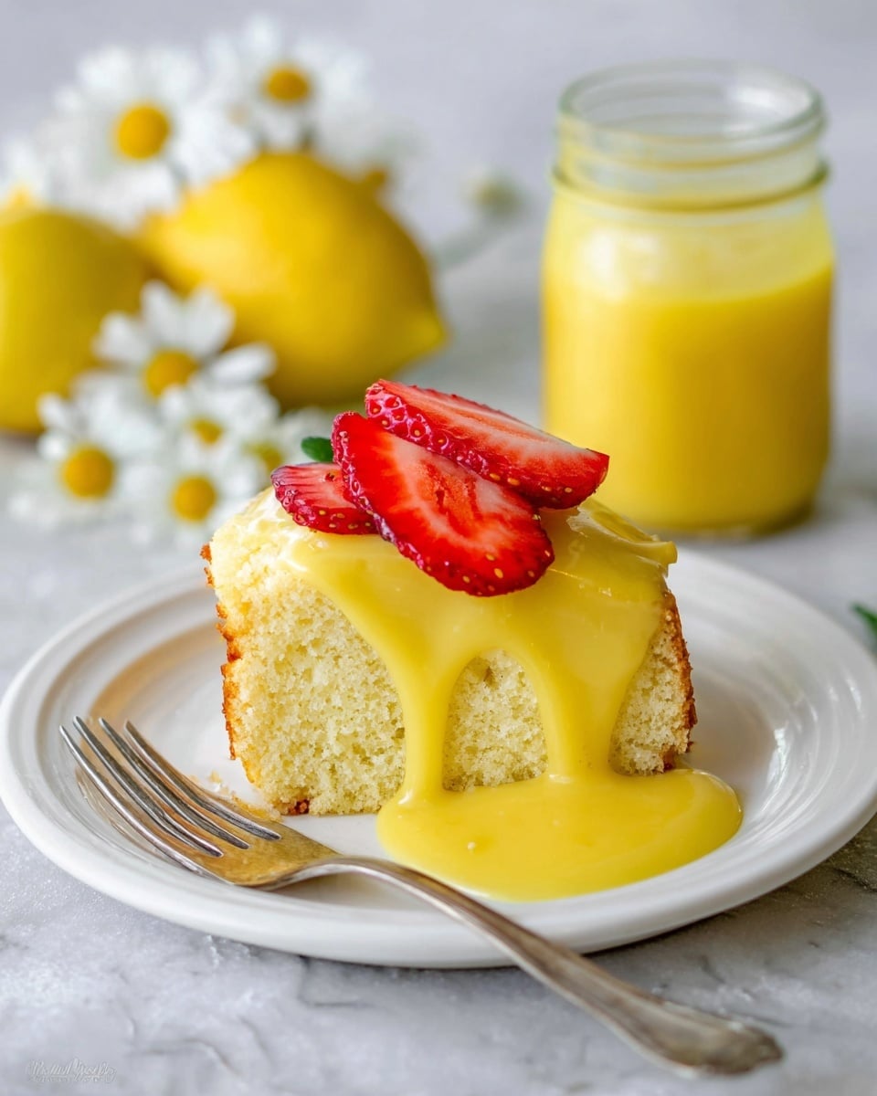 A white plate holds a thick slice of soft, light yellow cake with a coarse texture. A shiny, smooth yellow sauce flows over the top and drips down the sides of the cake. On top of the sauce, there are three thin slices of bright red strawberry with a fresh look and seeds visible. To the side of the plate, there is a vintage silver fork. In the background, a small glass jar filled with the same yellow sauce is blurred, along with a whole lemon and white daisies. The whole scene is set on a white marbled texture surface. Photo taken with an iphone --ar 4:5 --v 7
