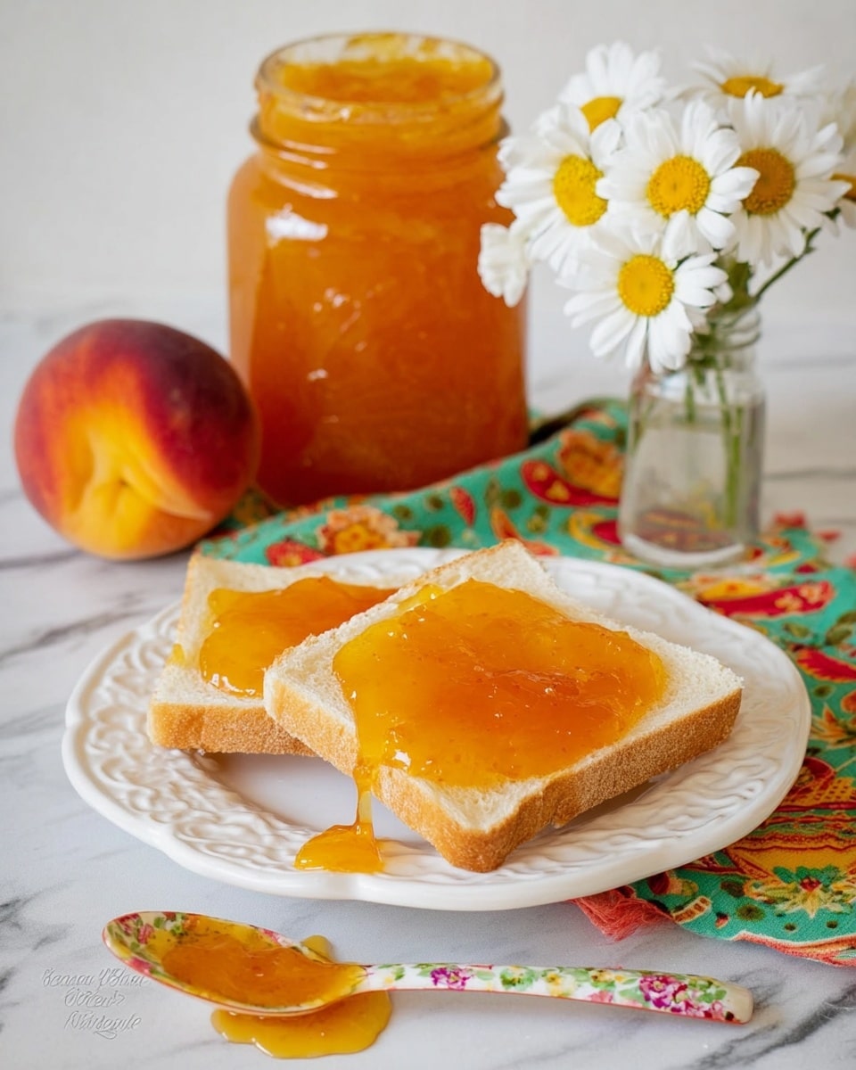 Two slices of white bread with a smooth, shiny orange-yellow jam spread evenly on top are placed on a white ornate plate. Behind the plate is a clear glass jar filled with the same orange-yellow jam, sitting on a colorful cloth with green, red, and yellow patterns. To the left of the jar is a whole peach with a mix of red and yellow skin tones. In front of the plate is a floral-patterned spoon with some jam dripping onto the white marbled surface. On the right side of the jar, a small clear vase holds white and yellow daisy-like flowers. photo taken with an iphone --ar 4:5 --v 7