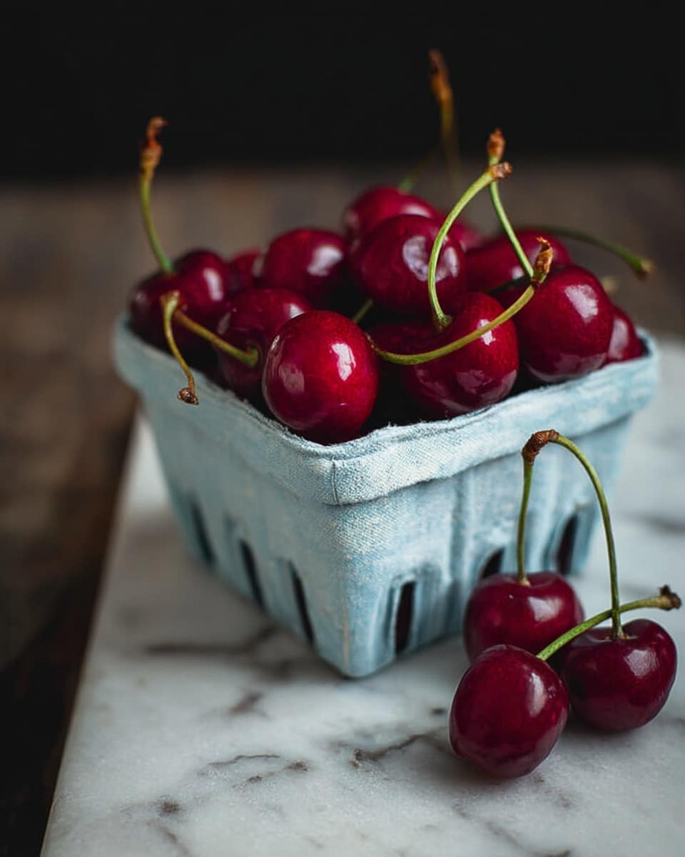 A small white carton filled with bright red cherries with green stems, some cherries resting on a white marbled textured surface next to the carton, the cherries appear shiny and smooth, with some stems curving gently outward; the background is blurred out to a dark shade. photo taken with an iphone --ar 4:5 --v 7