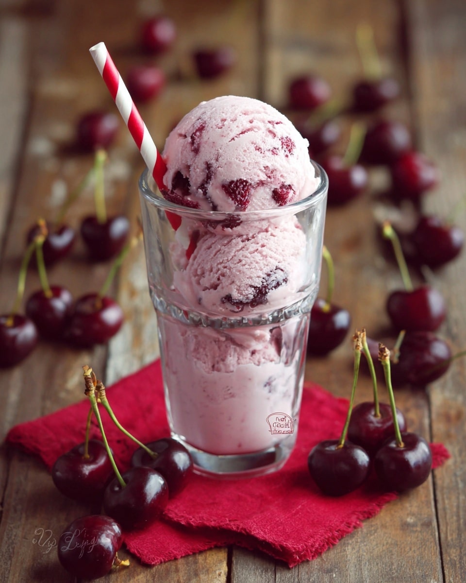 A tall clear glass holds two scoops of cherry ice cream with a soft pink color and visible chunks of cherries inside. A red and white striped straw is placed inside the glass, leaning slightly to the left. The glass sits on a red napkin on a wooden table, surrounded by fresh dark red cherries with green stems scattered around. The background is a wooden surface that contrasts with the bright colors of the ice cream and cherries. photo taken with an iphone --ar 4:5 --v 7