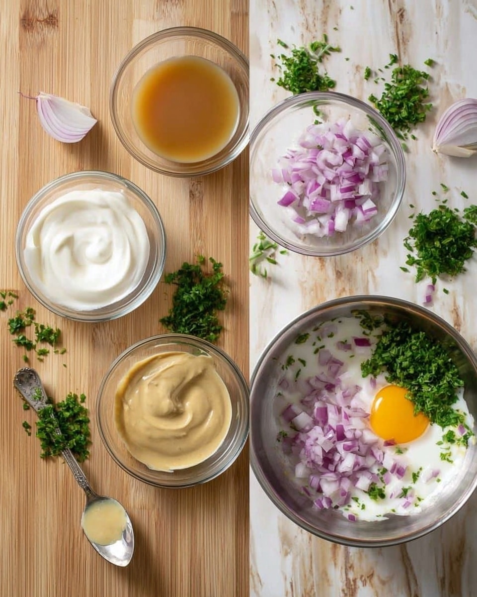 The image shows two sections on a wooden surface with chopped red onions and green herbs scattered around. On the left, there are four glass bowls: one with smooth white cream, one with light brown liquid, one with a pale golden liquid, and a spoon holding mustard with chopped green herbs below them. On the right, a metal bowl contains a mix of white cream, an egg yolk in the center, chopped red onions, and green herbs, with more chopped onions and herbs outside the bowl. The background is changed to a white marbled texture. photo taken with an iphone --ar 4:5 --v 7