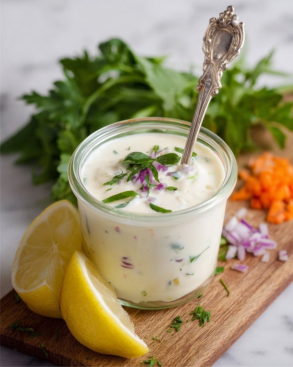 A small clear glass jar filled with creamy white sauce mixed with small bits of green herbs and tiny purple onion pieces, topped with a few fresh chopped green herbs and purple onion pieces. An ornate silver spoon stands inside the jar. The jar is placed on a wooden board next to two yellow lemon wedges, green leafy parsley, and some chopped orange carrots, all against a white marbled background. photo taken with an iphone --ar 4:5 --v 7