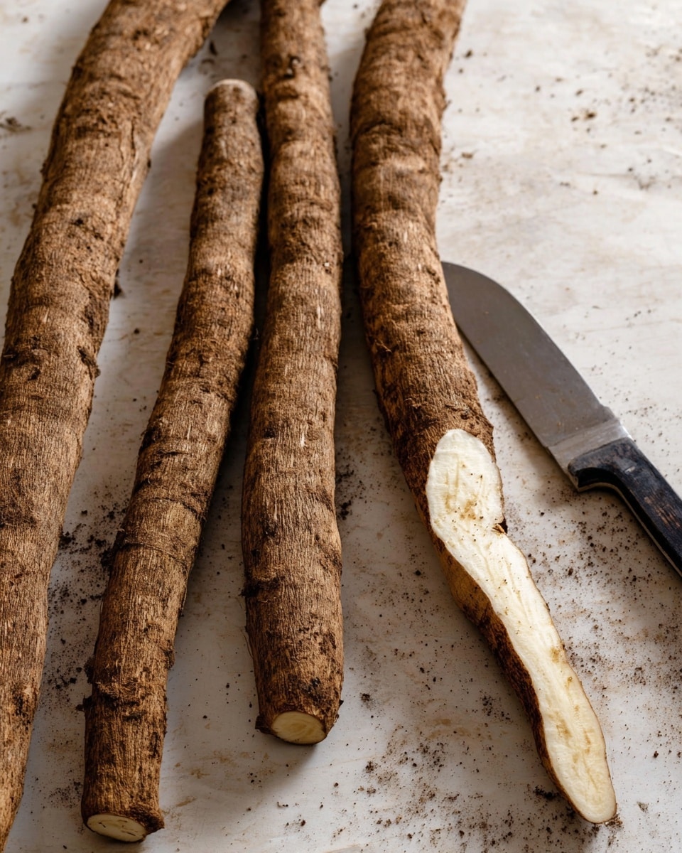 The image shows several long, rough-textured brown roots lying on a white marbled surface, covered in dirt. One root is cut near the front, revealing a pale, creamy inner layer with a slightly uneven texture. A knife with a black handle and metal blade is placed next to the cut root, and the scene gives a natural and earthy feel. photo taken with an iphone --ar 4:5 --v 7