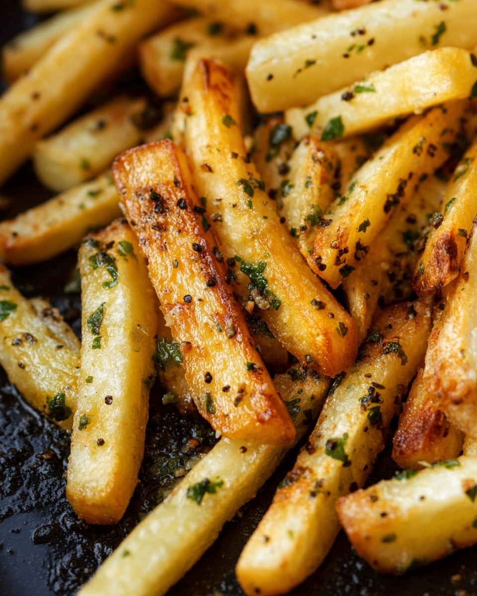The image shows golden brown roasted parsnip sticks with a crispy, slightly charred texture on some sides. They are seasoned with small green herb pieces scattered all over. The parsnip sticks are thick, unevenly shaped, and arranged close together, sitting on a dark surface that contrasts with their warm color. Photo taken with an iphone --ar 4:5 --v 7