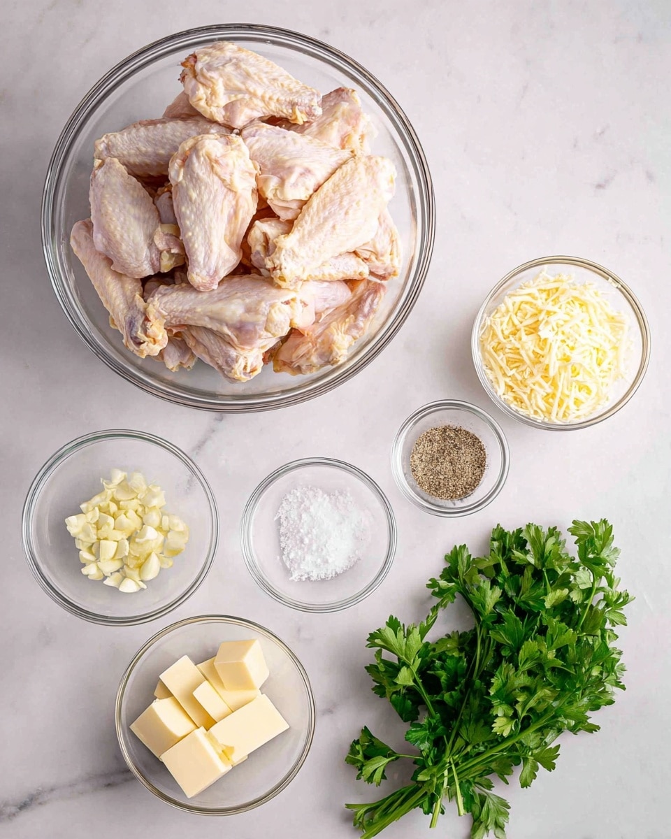 The image shows several ingredients placed neatly on a white marbled surface. At the top center is a large clear glass bowl filled with many pieces of raw chicken wings, pale pink with patches of light yellow skin. Surrounding the bowl are smaller clear glass bowls: one with finely chopped garlic in the bottom left, another with medium-sized chunks of pale yellow butter below the garlic, a third filled with shredded pale yellow cheese in the middle, a fourth holding a mix of white salt and black pepper on the right, and a fifth with a light brown powdered spice beneath the salt and pepper. At the bottom right corner is a bunch of fresh green parsley with leafy texture. photo taken with an iphone --ar 4:5 --v 7