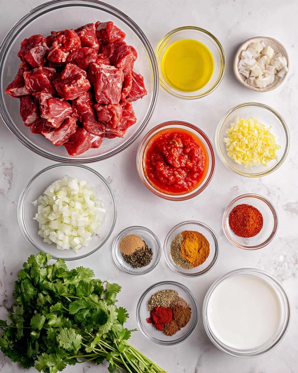 The image shows several small clear glass bowls arranged on a white marbled surface. The largest bowl at the top left holds many pieces of raw red meat with some white fat. Surrounding it are smaller bowls containing a variety of ingredients: one with a yellow liquid, one with chopped white onions, one with finely chopped yellow minced ginger, one with minced garlic, a bowl of bright red tomato sauce, a bowl of red paste, three small bowls with different spices in brown and reddish colors, and a bowl with a white creamy liquid. At the bottom right, there is a bunch of fresh green cilantro leaves. The setup is neat and bright, with all ingredients clearly visible, photo taken with an iphone --ar 4:5 --v 7