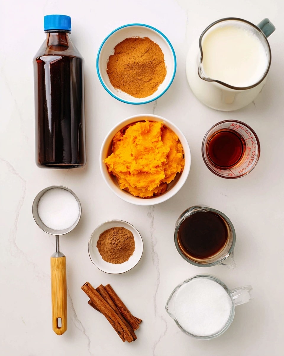 Nine small containers are arranged in a neat grid on a white marbled surface. From top left, there is a tall dark brown bottle with a blue cap, next to a white bowl with orange-brown powder inside with a light blue inner rim. To the right is a white pitcher filled with milk. On the middle row, a small white bowl holds bright orange mashed pumpkin directly in the center, with a clear glass cup filled with a dark brown liquid on the right and a small clear measuring cup with reddish liquid and a light wooden handle on the left. On the bottom row, a small white bowl holds brown cinnamon powder with two brown cinnamon sticks resting beside it, a black measuring spoon filled with white granulated sugar is next to it on the right, and a small clear pitcher filled with white liquid is on the far right. The photo is taken with an iphone --ar 4:5 --v 7