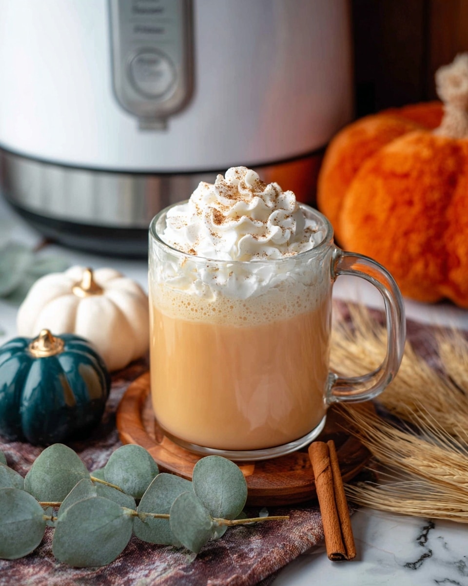A clear glass mug filled with a pale orange creamy drink, topped with a thick swirl of white whipped cream sprinkled with light brown cinnamon powder. The mug sits on a small wooden board with a green eucalyptus branch next to it. Around the mug are three small pumpkins colored white, dark green, and blue, along with cinnamon sticks and soft beige wheat stalks on a dark wooden surface. In the background is a white kitchen appliance and an orange plush pumpkin on the right, all set on a white marbled texture. Photo taken with an iphone --ar 4:5 --v 7