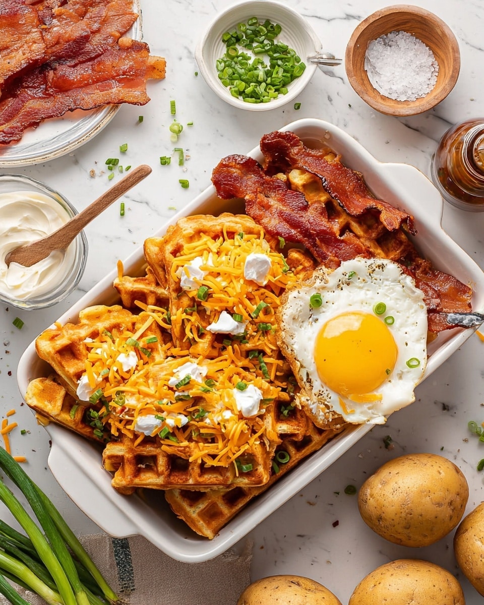 A white rectangular dish holds a stack of crispy golden waffles layered with melted yellow cheese and small green onion pieces. On top of the waffles is a sunny-side-up fried egg with a bright yellow yolk and a few drops of sauce, also sprinkled with green onions. Two strips of crispy brown bacon are placed alongside the waffles inside the dish. Around the dish, on a white marbled surface, there are small bowls filled with shredded cheese, chopped green onions, sour cream, salt, and pepper, along with a white plate piled with more bacon strips and a few whole green onions visible. Photo taken with an iphone --ar 4:5 --v 7