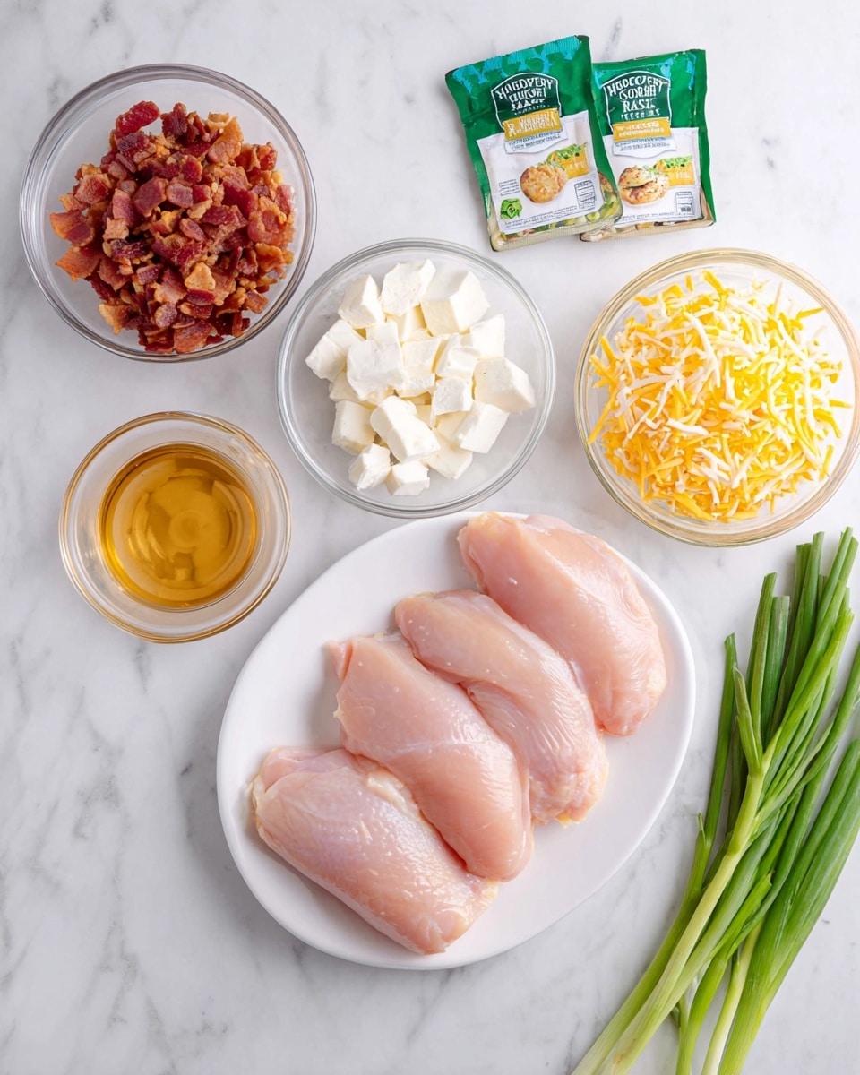 A top-down view of a white plate with six raw chicken pieces arranged side by side, light pink in color with smooth texture, placed on a white marbled surface. To the right, two green packets of Hidden Valley Ranch seasoning are placed one on top of the other. Below the plate, there are four clear glass bowls: one filled with crispy reddish-brown bacon bits, another with white cubes of cream cheese, a third with shredded yellow cheddar cheese, and a fourth with light brown liquid. On the bottom right of the image, a bunch of fresh green onions lies neatly on the white marbled surface. photo taken with an iphone --ar 4:5 --v 7