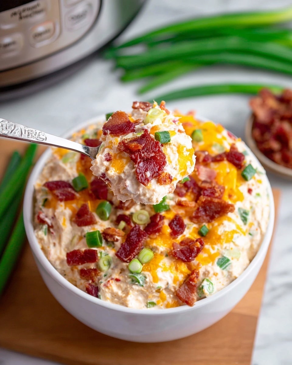 A close-up image shows a white bowl filled with a creamy dip that has three visible layers: a light beige creamy base mixed with small green pieces of chopped green onions, bright orange melted cheese patches scattered across, and deep red crispy bacon bits sprinkled on top. A spoon scooping some of the dip is held close in front, showing the mix of all layers together in each scoop. In the background on a white marbled surface, there are green onions on a wooden board, and a slow cooker is partly visible. The overall colors are warm with a mix of beige, orange, red, and green, and the textures look soft and chunky. Photo taken with an iphone --ar 4:5 --v 7