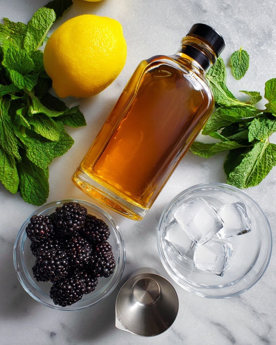 A bottle of amber-colored liquid is placed near the top center on a white marbled textured surface, with a bright yellow lemon to its left that rests partially on fresh, green mint leaves spread out below. To the bottom left of the lemon, three dark purple blackberries sit next to a clear glass bowl holding four more blackberries inside. To the right of the bottle is a clear glass filled with three large ice cubes. Below the glass is a shiny metal measuring cup holding a small amount of a clear liquid. All elements are arranged neatly on the white marbled textured background. photo taken with an iphone --ar 4:5 --v 7