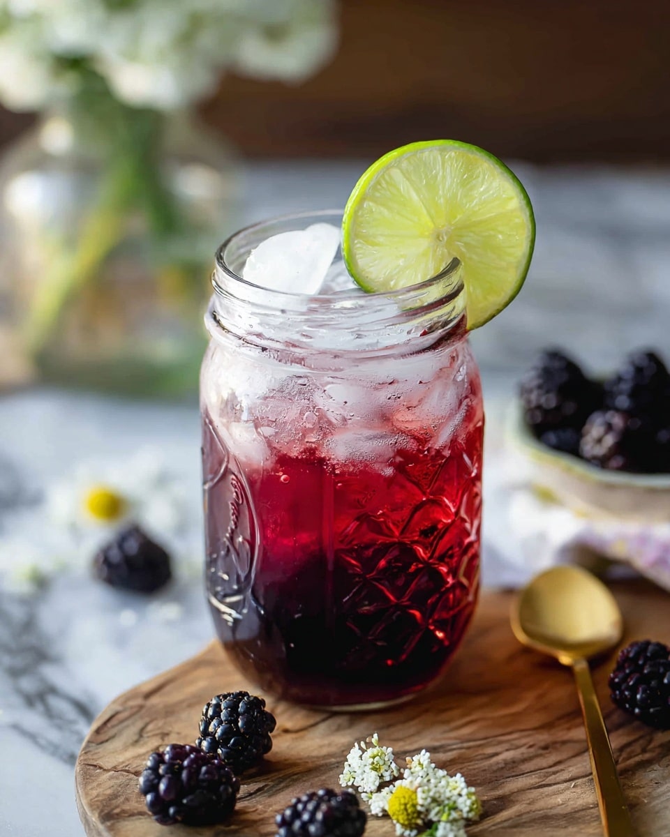 A clear glass jar filled with bright red liquid topped with light foam near the rim, garnished with a fresh green lime slice on the rim. The jar sits on a rustic wooden board with a piece of printed paper beneath it. Surrounding the jar are small white flowers, fresh green mint leaves, and frozen purple-black berries scattered on a white marbled surface. In the background, there is a white plate with more dark berries and a dark glass bottle out of focus. photo taken with an iphone --ar 4:5 --v 7
