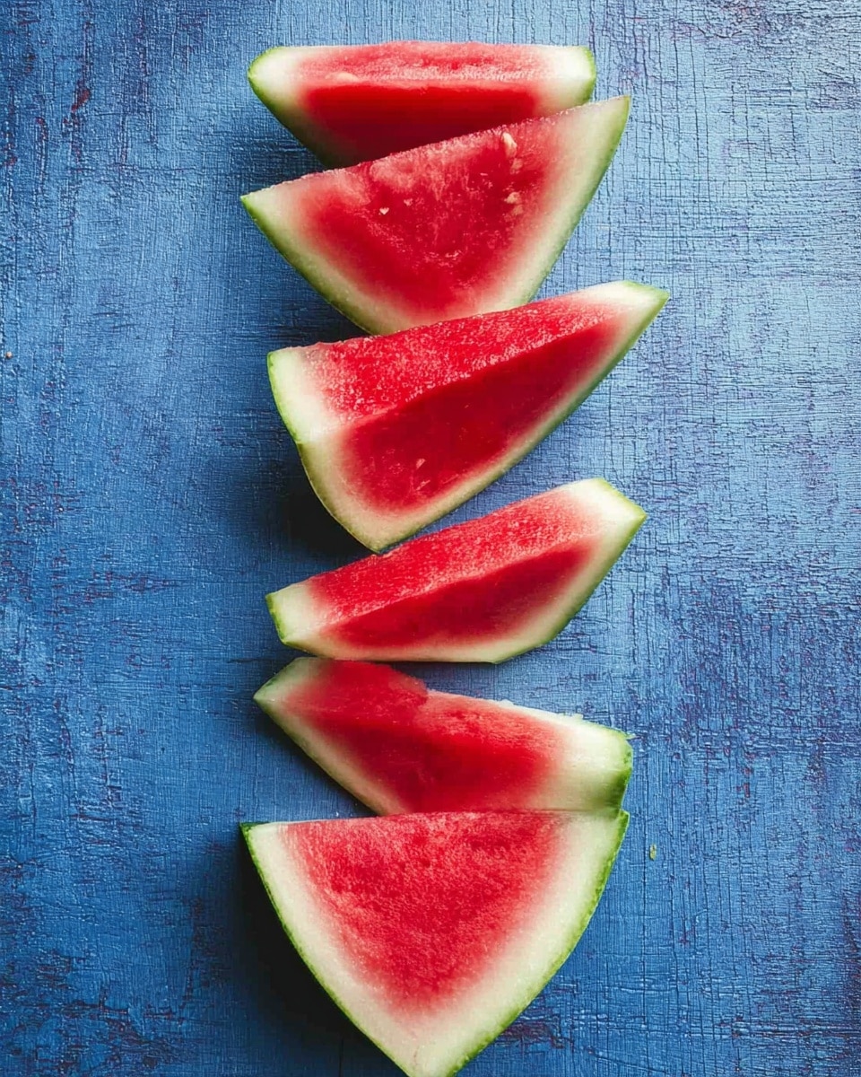 Five triangular slices of watermelon are arranged in a straight vertical line on a blue textured wooden surface. Each slice has a bright red flesh with a smooth, juicy texture, bordered by a thin white rind and a green outer skin. The watermelon slices are evenly spaced, with the pointy side facing upward except for one angled slightly to the right. The lighting highlights the freshness and color contrast between the red, white, and green layers. photo taken with an iphone --ar 4:5 --v 7