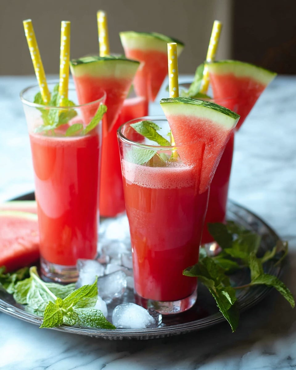 The image shows four tall clear glasses filled with bright red juice, each glass having a yellow straw with white dots near the top. Three of the glasses have a large wedge of watermelon placed on the rim, with the fourth glass garnished with fresh green mint leaves. The glasses are arranged on a dark round tray which also holds some green mint leaves and scattered ice cubes. The background is softly blurred, letting the colorful drinks stand out, with the whole scene set on a white marbled surface. Photo taken with an iphone --ar 4:5 --v 7
