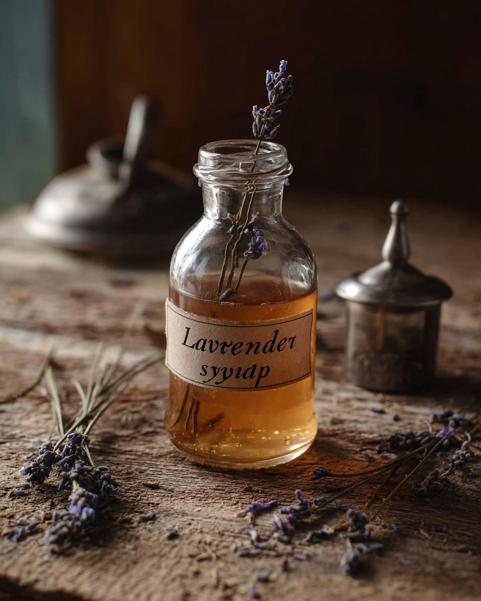 A small clear glass jar filled with light amber syrup labeled