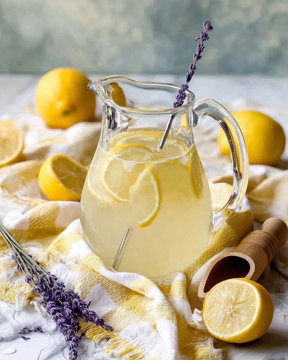 A clear glass pitcher filled with pale yellow lemonade, showing several thin round lemon slices floating inside, with a sprig of lavender laid across a twisted silver stirring rod inside the pitcher. The pitcher sits on a soft yellow and white checkered cloth resting on a white marbled surface. Around the pitcher, there are whole and halved bright yellow lemons and a wooden lemon reamer. A small lavender sprig is placed in front of the pitcher on the cloth. Photo taken with an iphone --ar 4:5 --v 7