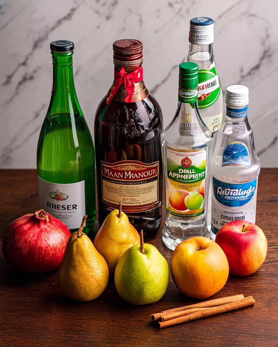 A collection of ingredients arranged on a dark wood table with a white marbled background. There is a large green bottle of sparkling mineral water on the left, next to a dark green bottle of Riesling wine. In front of the wine bottle is a large dark brown bottle of Grand Marnier with a red seal and ribbon. To the right of these is a clear bottle of Smirnoff Green Apple vodka with a green cap, and next to it a white bottle of pear nectar with a blue cap. In front of the bottles are fresh fruits: a red pomegranate on the far left, two golden pears in the front center, a green apple and a red-yellow apple on the right. At the front of the scene is a single cinnamon stick lying across the table. Photo taken with an iphone --ar 4:5 --v 7