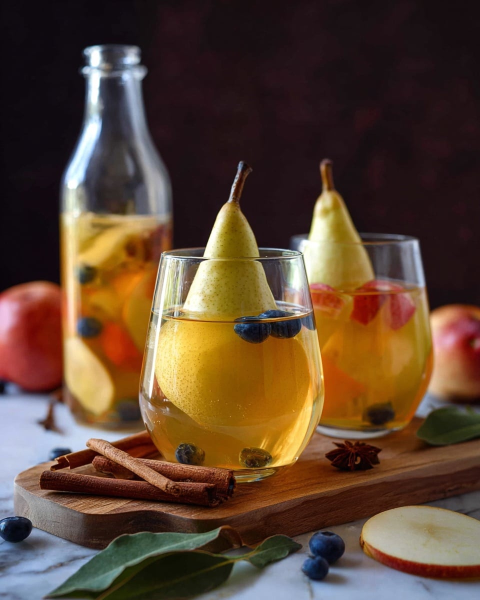 The image shows two clear round glasses filled with a golden-yellow liquid, each containing a whole pear standing upright with its stem visible above the rim. Small pieces of red apple and blueberries float in the drink around the pears. The glasses are placed on a wooden board with three cinnamon sticks lying next to them. In the background, there is a clear glass bottle with the same drink and fruit pieces inside. Some green leaves and additional apple pieces are scattered on the white marbled surface around the board. The background is dark and blurred, making the drink the main focus. Photo taken with an iphone --ar 4:5 --v 7
