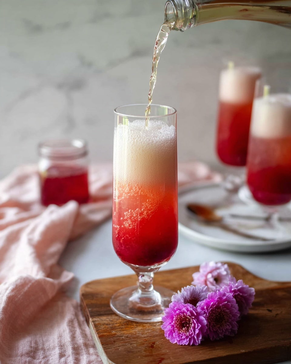 The image shows a tall clear glass filled with two layers: a bright red bottom layer with a thick, smooth texture, and a light foamy pale layer on top. A light-colored liquid is being poured into the glass, creating bubbles and foam at the top. The glass sits on a wooden board with three pink and purple flowers placed nearby. In the soft-focused white marbled background, there are two more glasses filled with the same drink and a small glass jar containing red liquid on a white plate. A soft pink cloth is draped behind the main glass. Photo taken with an iphone --ar 4:5 --v 7