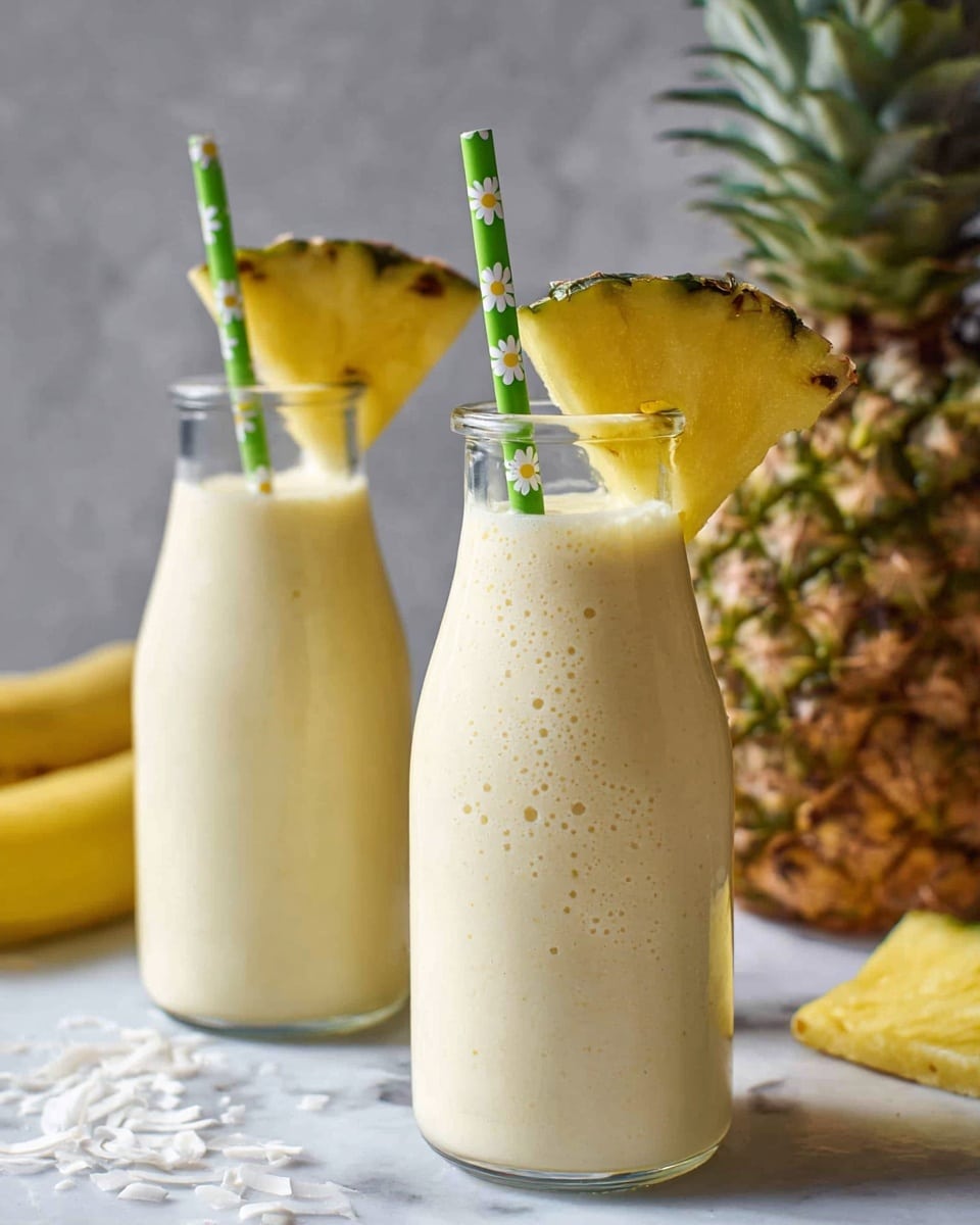 Two clear glass bottles filled with a smooth creamy white drink are shown standing side by side on a white marbled surface. Each bottle is topped with a thick, triangular yellow pineapple slice placed on the rim. Green straws decorated with small white and yellow flowers stick out of the drink from behind the pineapple slices. In the background, there is a whole pineapple and a few more pineapple pieces lying on the white marbled surface. The photo taken with an iphone --ar 4:5 --v 7