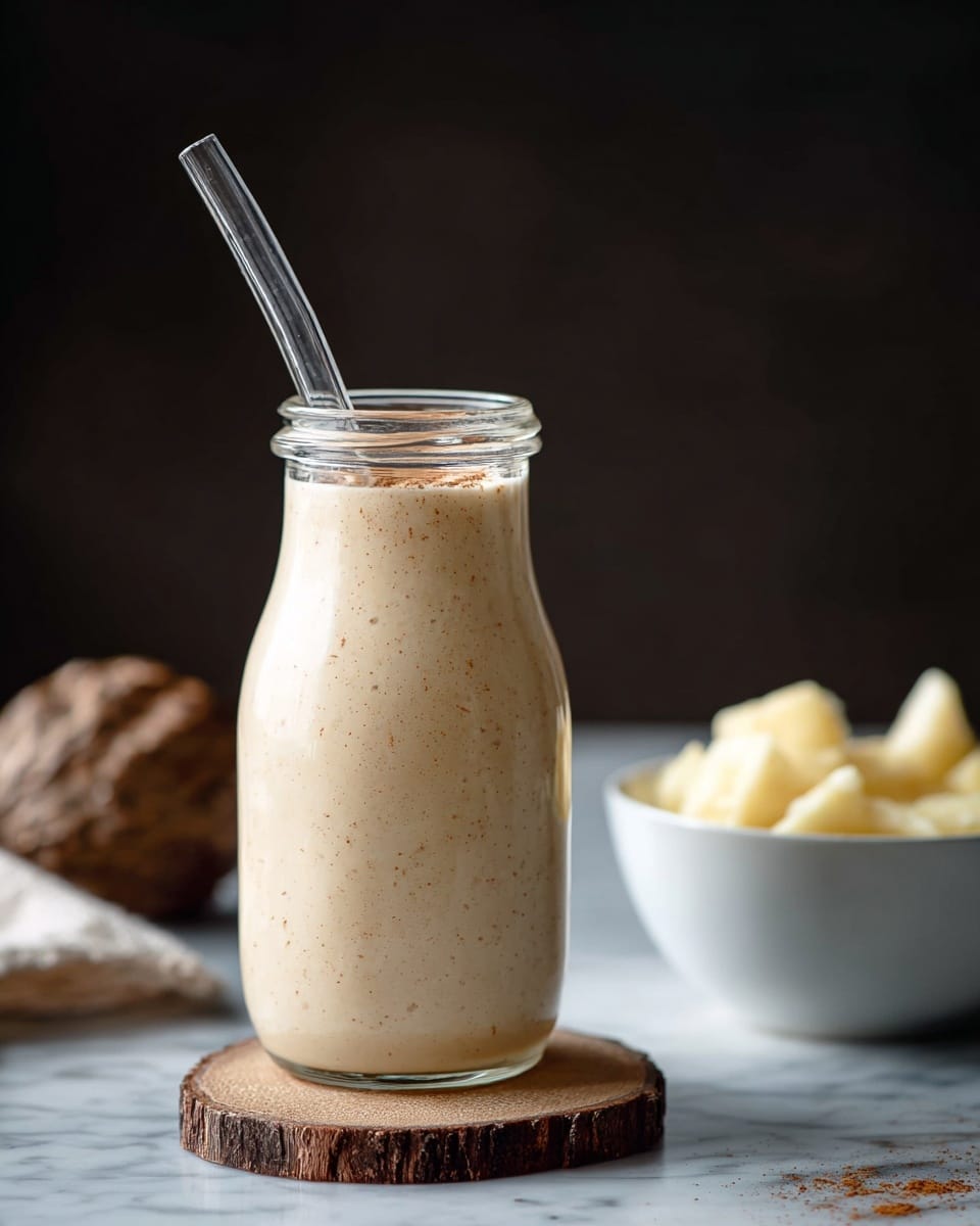 A tall glass bottle filled with a creamy light beige smoothie, topped with a sprinkle of light brown powder, has a clear glass straw inserted on the top right side. The bottle sits on a round wooden coaster with bark edges, placed on a rustic wooden surface. In the blurred background to the right, there is a white bowl holding banana slices, and two dark brown dates are on the wooden surface near the bottom right corner. photo taken with an iphone --ar 4:5 --v 7