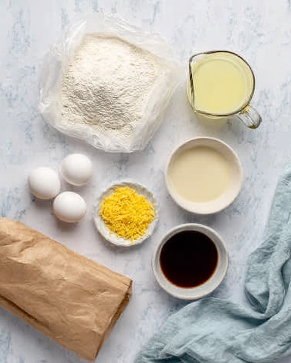 The image shows ingredients on a white marbled surface. There is a clear glass cup with a handle filled with a pale yellow liquid near the top right. Below it, a small white bowl holds a light beige liquid. Next to it is a tiny white bowl with finely grated bright yellow zest. Below that is a small white bowl filled with dark brown liquid. To the left of these bowls, two white eggs rest side by side. Above the eggs, there is a transparent bag filled with white powdery flour. Below all these is a brown paper bag that is opened and lays flat near a light blue cloth on the bottom left. Photo taken with an iphone --ar 4:5 --v 7