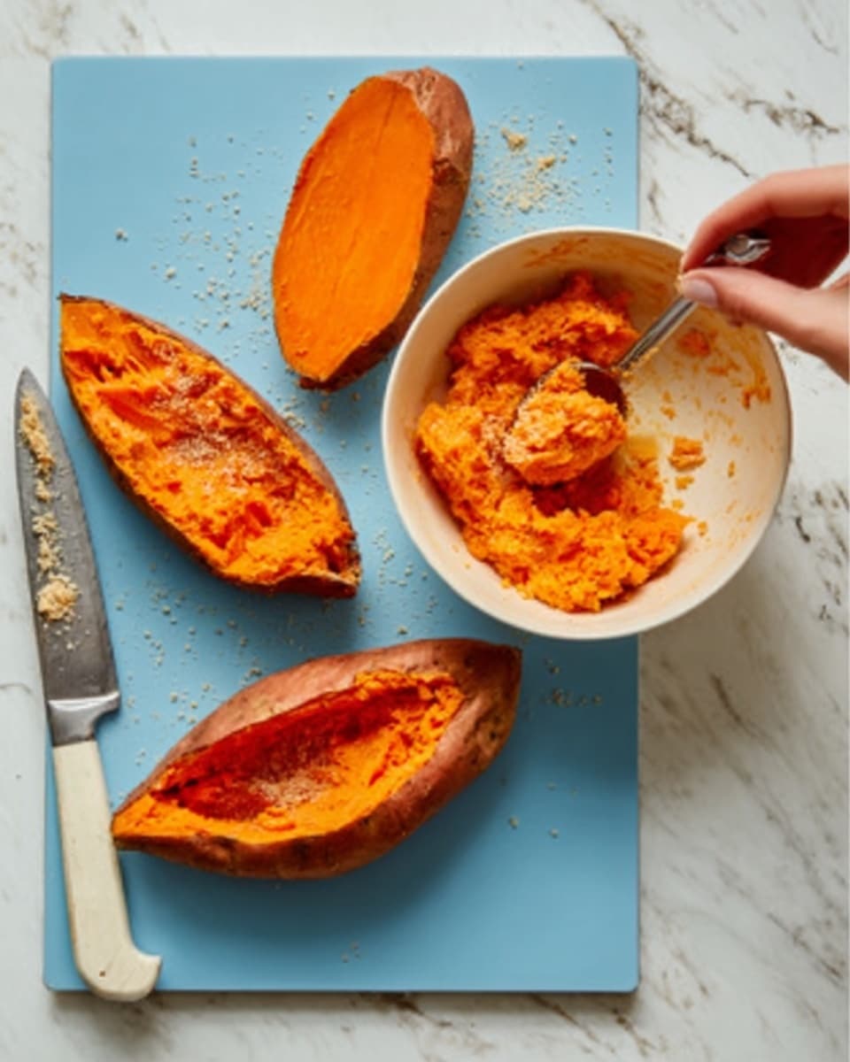The image shows three orange sweet potato halves with soft, smooth texture placed on a blue cutting board on a white marbled surface. One sweet potato half is being scooped by a spoon inside a white bowl filled with mashed, creamy orange sweet potato mixed with some crumbly ingredients sprinkled on top. A clean knife with a white handle lies on the cutting board next to the potato halves. A woman's hand is holding the spoon inside the bowl, mixing the sweet potato mixture. Photo taken with an iphone --ar 4:5 --v 7