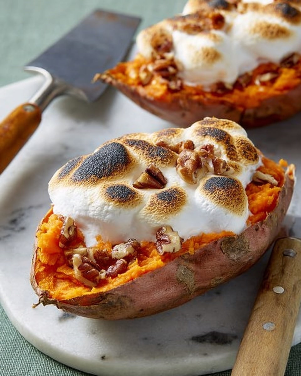A baked sweet potato is shown, with its skin forming the bottom layer, filled with bright orange mashed sweet potato. On top, there is a thick layer of melted white marshmallow that is toasted golden brown with darker spots. Pieces of chopped nuts, likely pecans, are scattered between the mashed sweet potato and marshmallow layers. The sweet potato rests on a white marbled surface next to a metal spatula with a wooden handle. In the background, part of another baked sweet potato with similar toppings is visible. photo taken with an iphone --ar 4:5 --v 7